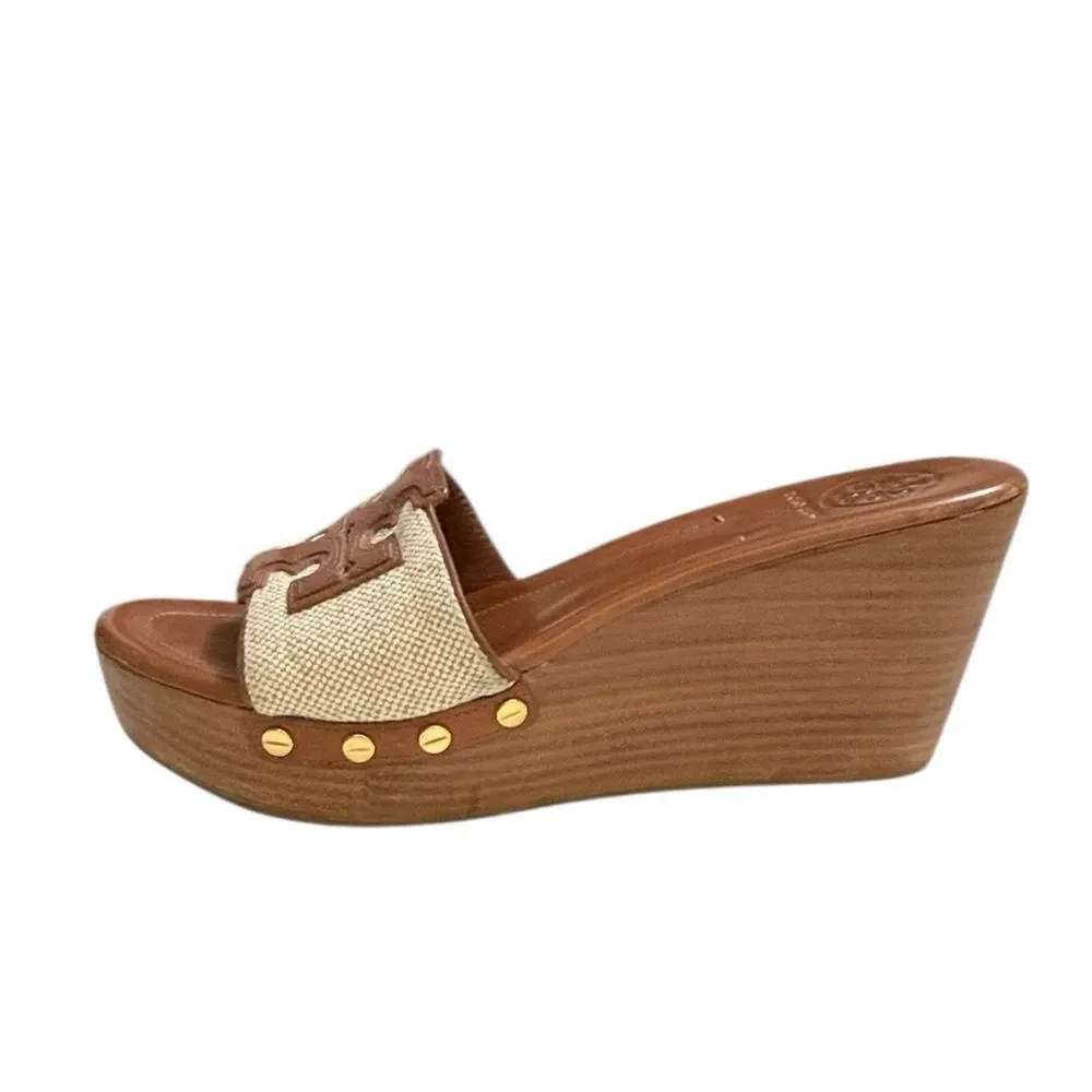 Tory Burch Brown and Tan Wedge Slide Sandals Size 7.5